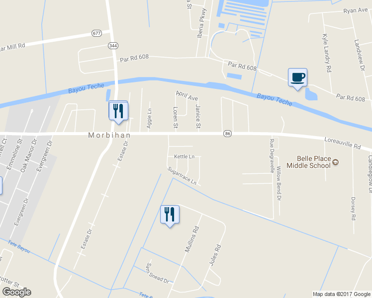 map of restaurants, bars, coffee shops, grocery stores, and more near 3312 Chuggie Lane in New Iberia