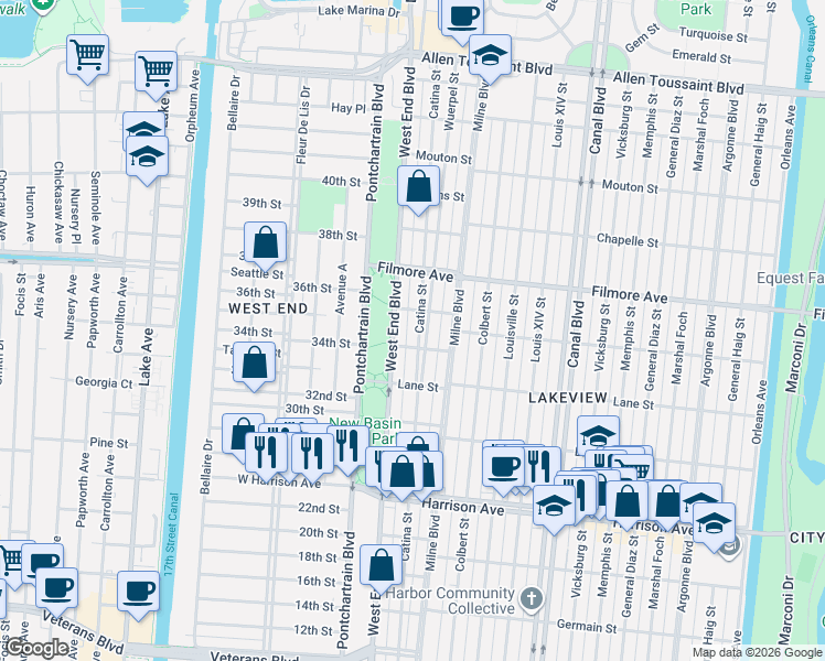 map of restaurants, bars, coffee shops, grocery stores, and more near 6545 West End Boulevard in New Orleans