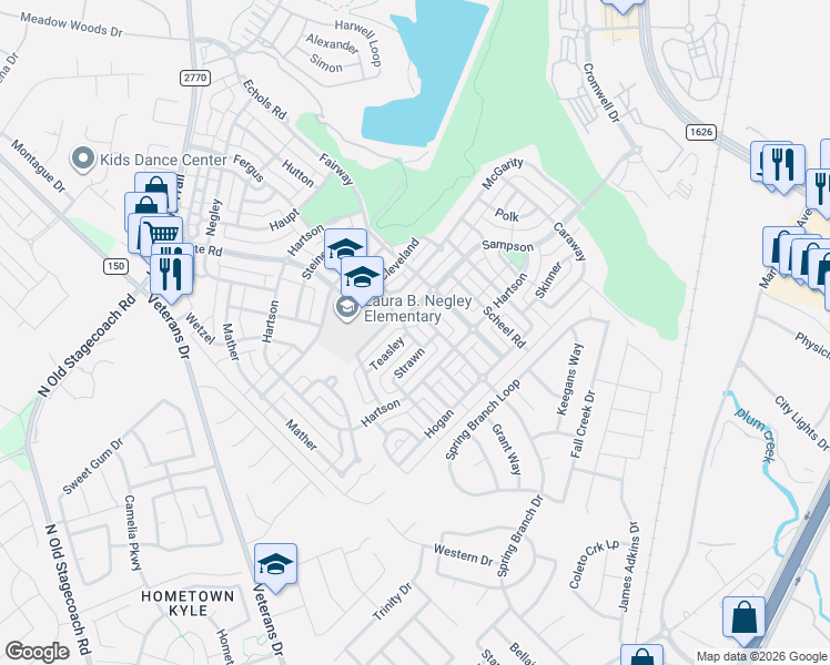 map of restaurants, bars, coffee shops, grocery stores, and more near 335 Strawn in Kyle