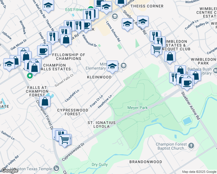map of restaurants, bars, coffee shops, grocery stores, and more near 7710 Friars Court Lane in Spring