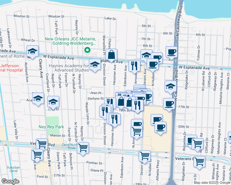 map of restaurants, bars, coffee shops, grocery stores, and more near 4000 Hessmer Avenue in Metairie