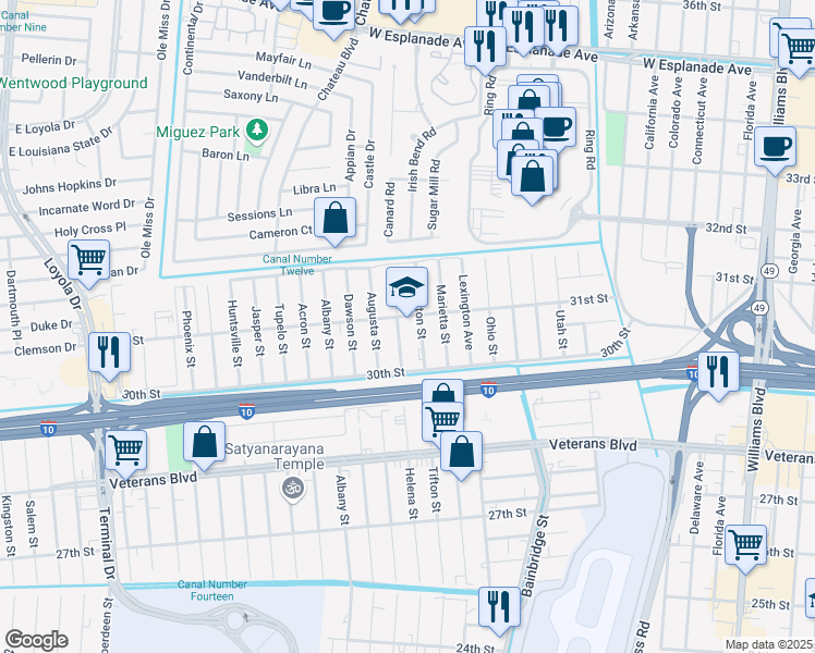 map of restaurants, bars, coffee shops, grocery stores, and more near 1037 31st Street in Kenner