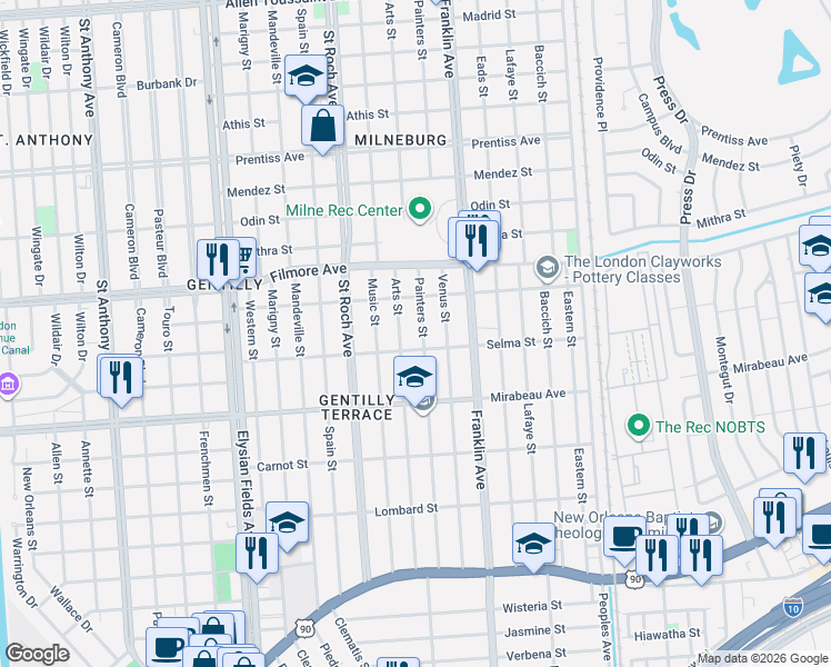 map of restaurants, bars, coffee shops, grocery stores, and more near 5101 Painters Street in New Orleans