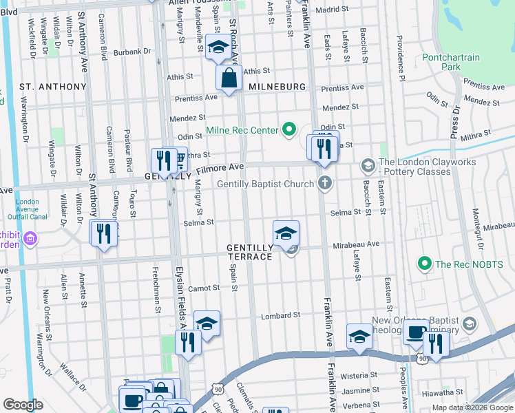 map of restaurants, bars, coffee shops, grocery stores, and more near 5101 Saint Roch Avenue in New Orleans