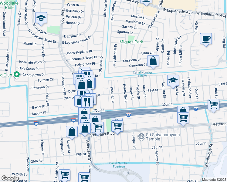 map of restaurants, bars, coffee shops, grocery stores, and more near 501 31st Street in Kenner