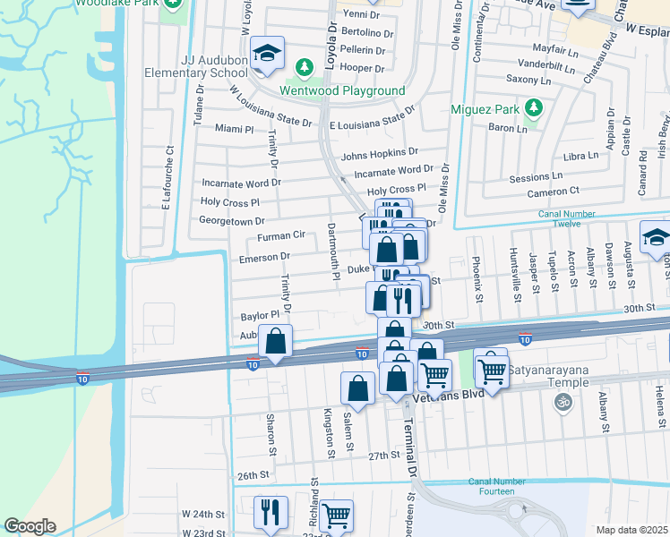map of restaurants, bars, coffee shops, grocery stores, and more near 243 Duke Drive in Kenner