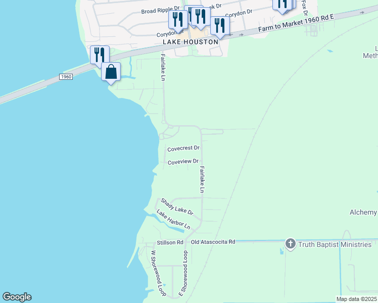 map of restaurants, bars, coffee shops, grocery stores, and more near 215 Coveview Drive in Huffman