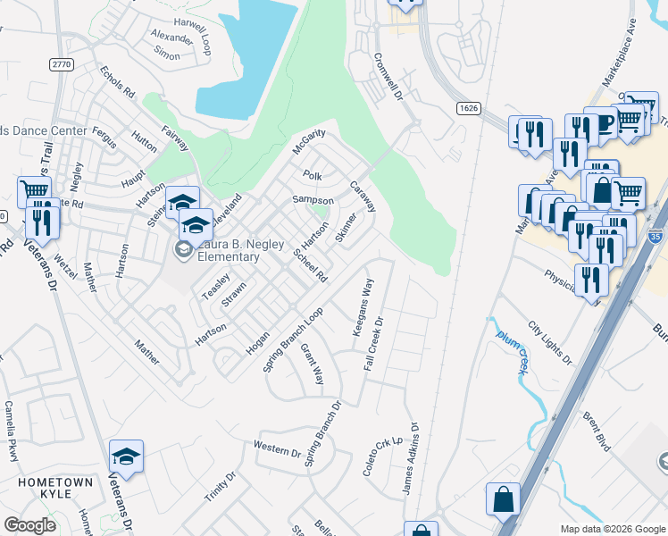 map of restaurants, bars, coffee shops, grocery stores, and more near 516 Hogan in Kyle