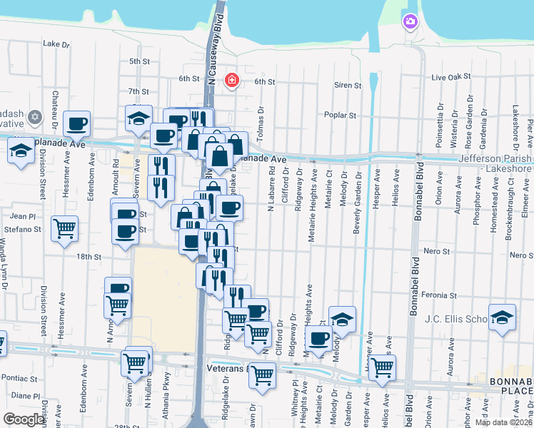 map of restaurants, bars, coffee shops, grocery stores, and more near 3405 Tolmas Drive in Metairie