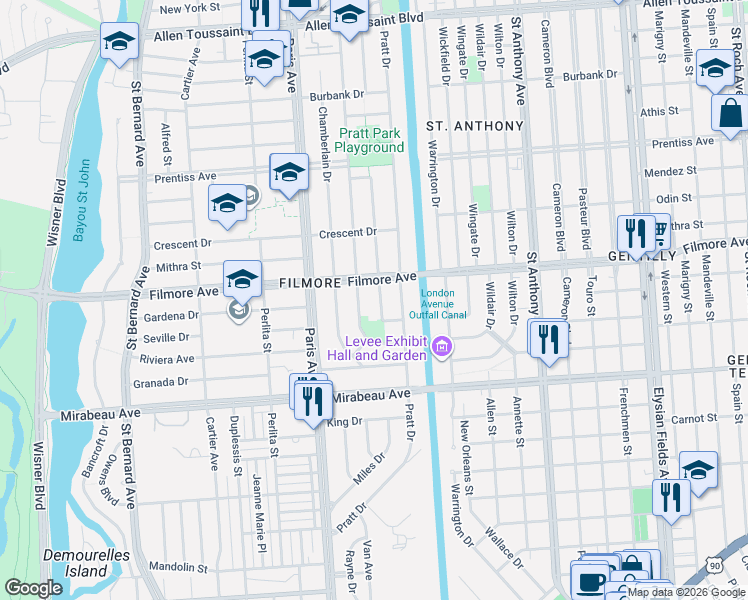 map of restaurants, bars, coffee shops, grocery stores, and more near 16 Charlotte Drive in New Orleans