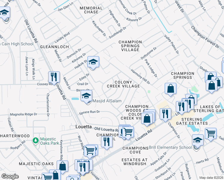map of restaurants, bars, coffee shops, grocery stores, and more near 9419 Wallingham Drive in Spring