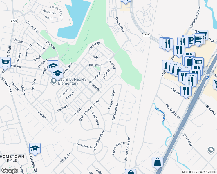 map of restaurants, bars, coffee shops, grocery stores, and more near 169 Keegans Way in Kyle