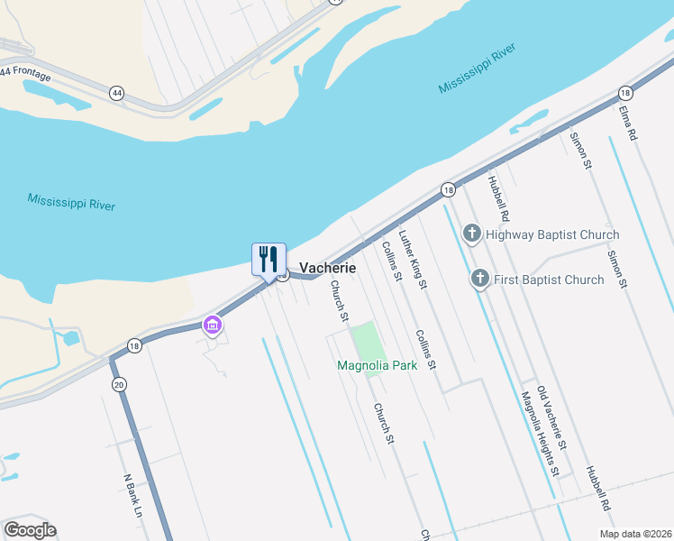 map of restaurants, bars, coffee shops, grocery stores, and more near 2045 Louisiana 18 in Vacherie