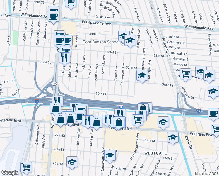 map of restaurants, bars, coffee shops, grocery stores, and more near 3005 Roosevelt Boulevard in Kenner