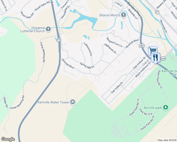 map of restaurants, bars, coffee shops, grocery stores, and more near 301 Riverhill Boulevard in Kerrville