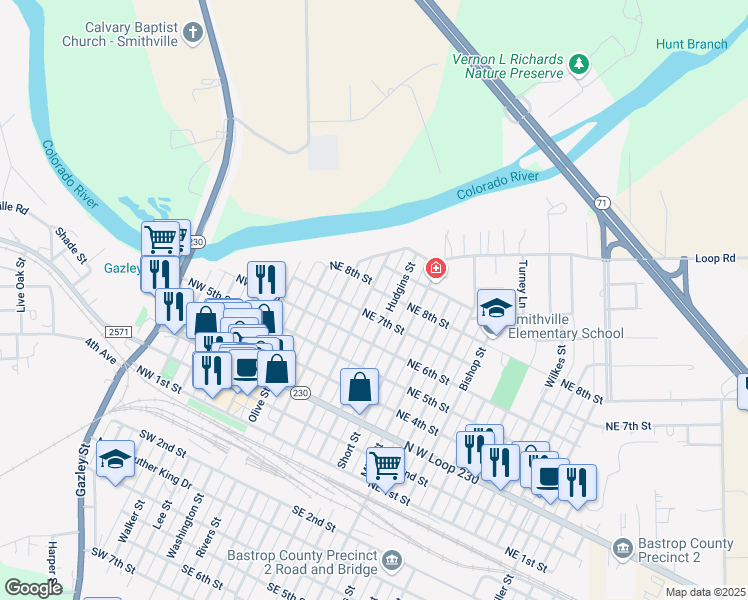 map of restaurants, bars, coffee shops, grocery stores, and more near 702 Hudgins Street in Smithville