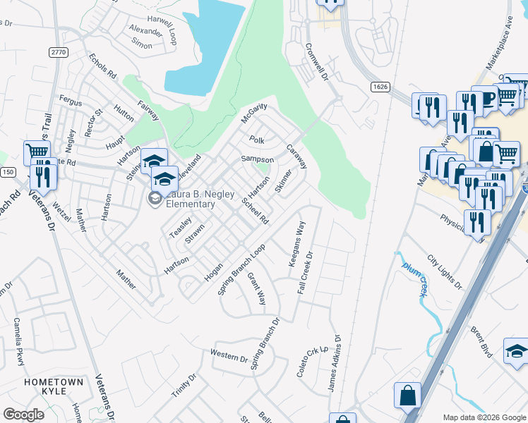 map of restaurants, bars, coffee shops, grocery stores, and more near 516 Hogan in Kyle