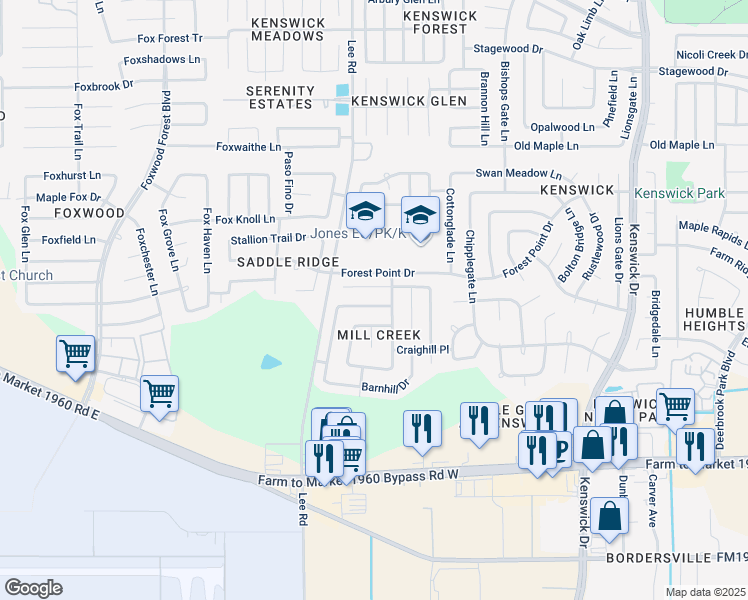map of restaurants, bars, coffee shops, grocery stores, and more near 7918 Bluff Trail Drive in Humble