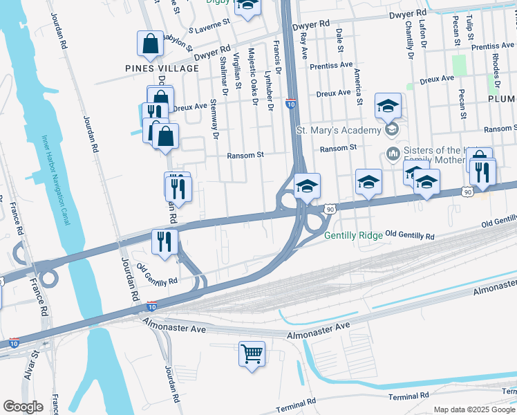 map of restaurants, bars, coffee shops, grocery stores, and more near 6232 U.S. 90 in New Orleans