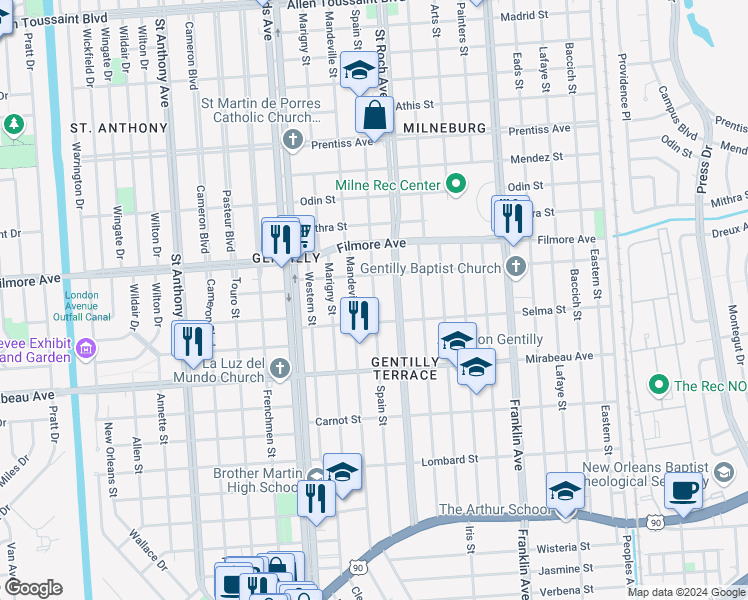 map of restaurants, bars, coffee shops, grocery stores, and more near 5118 Spain Street in New Orleans