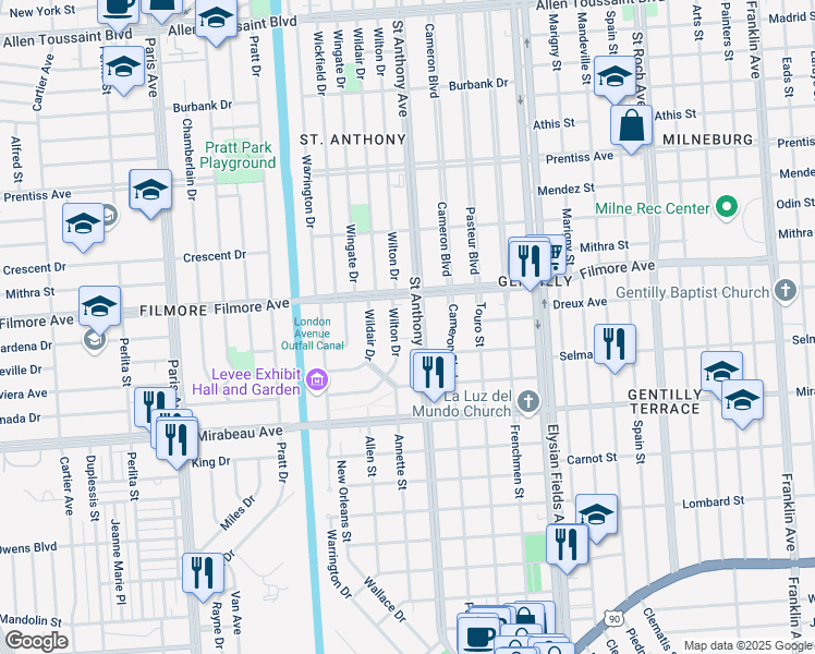 map of restaurants, bars, coffee shops, grocery stores, and more near 5160 Wilton Drive in New Orleans