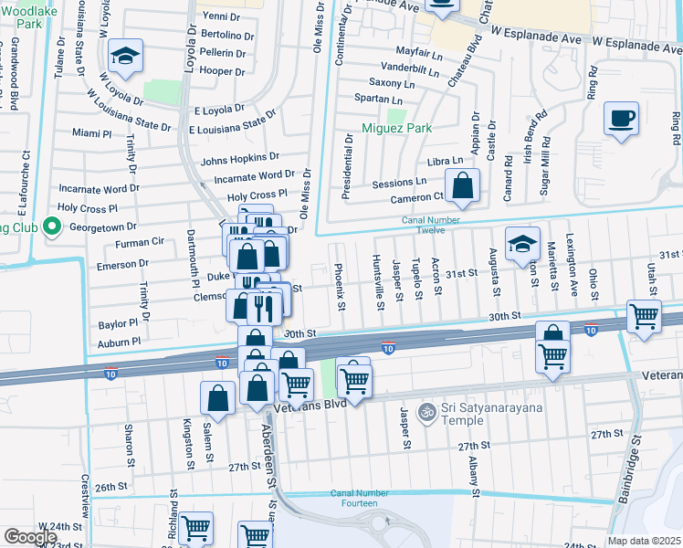 map of restaurants, bars, coffee shops, grocery stores, and more near 501 31st Street in Kenner