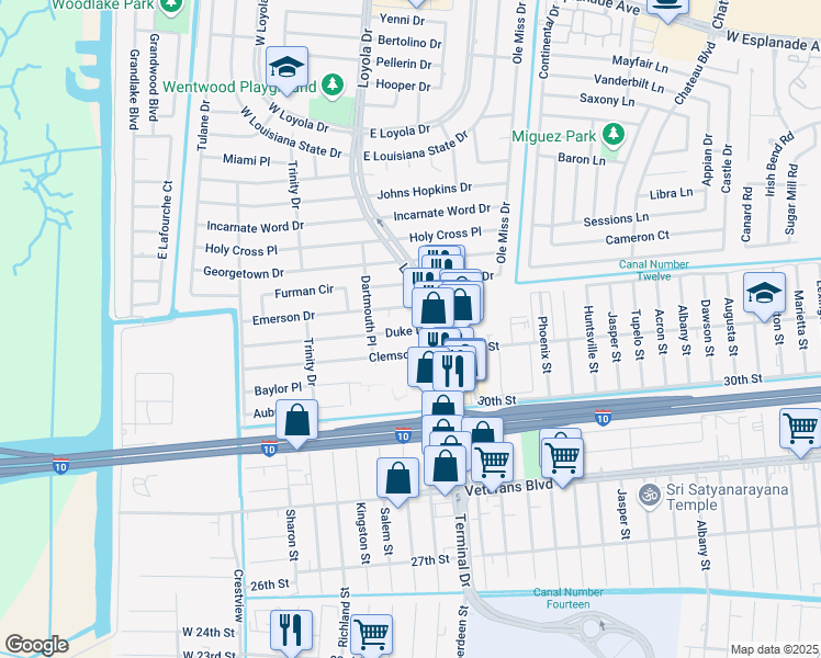 map of restaurants, bars, coffee shops, grocery stores, and more near 317 Duke Drive in Kenner