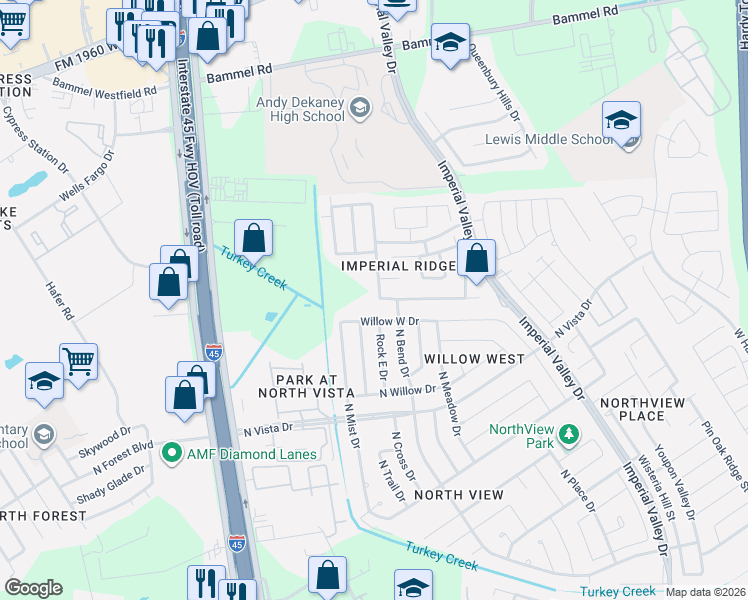 map of restaurants, bars, coffee shops, grocery stores, and more near 435 Willow West Drive in Houston