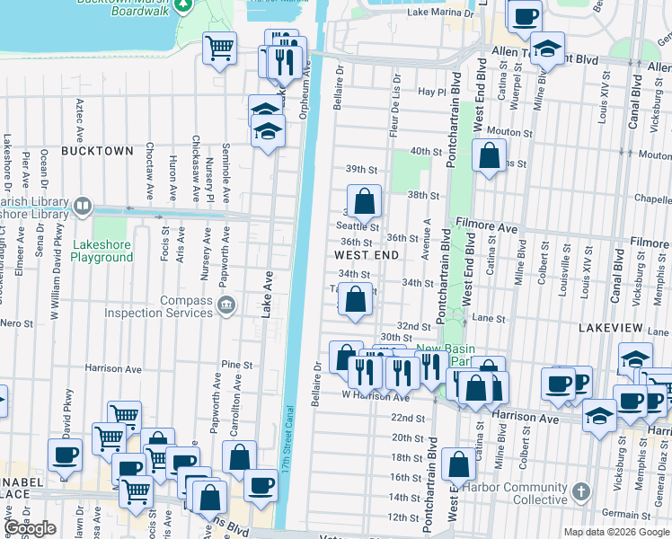 map of restaurants, bars, coffee shops, grocery stores, and more near 429 34th Street in New Orleans