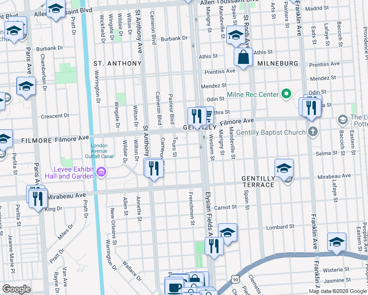map of restaurants, bars, coffee shops, grocery stores, and more near 2132 Robin Street in New Orleans
