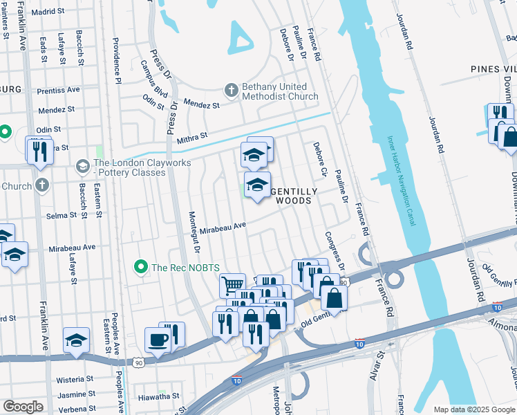 map of restaurants, bars, coffee shops, grocery stores, and more near 4617 Mirabeau Avenue in New Orleans