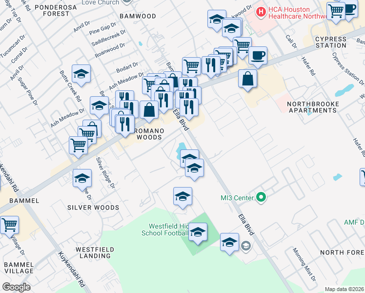 map of restaurants, bars, coffee shops, grocery stores, and more near 16755 Ella Boulevard in Houston