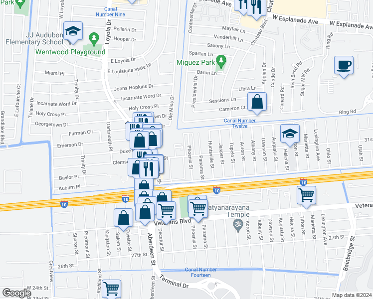 map of restaurants, bars, coffee shops, grocery stores, and more near 3109 Phoenix Street in Kenner