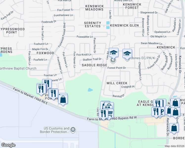 map of restaurants, bars, coffee shops, grocery stores, and more near 20106 Saddle Ranch Drive in Humble