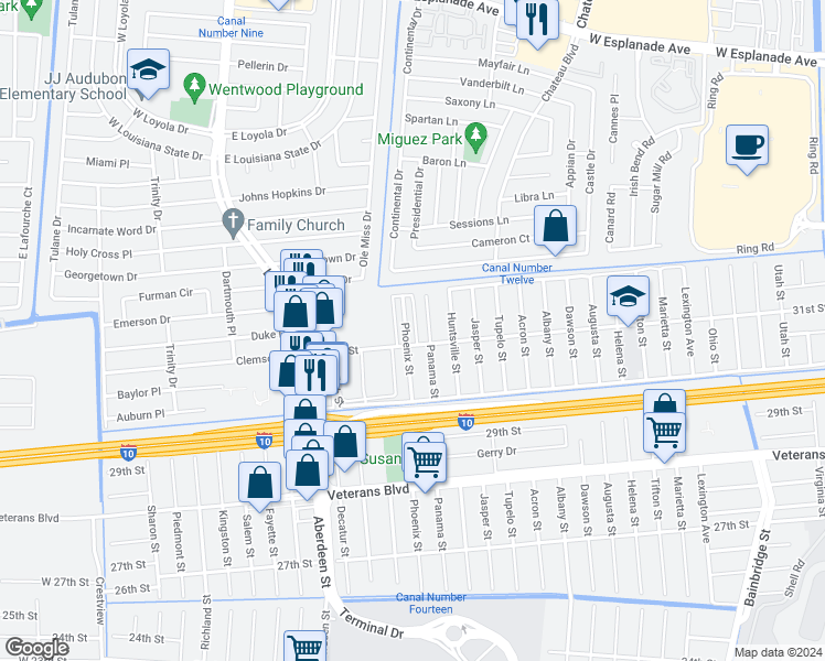 map of restaurants, bars, coffee shops, grocery stores, and more near 3108 Phoenix Street in Kenner