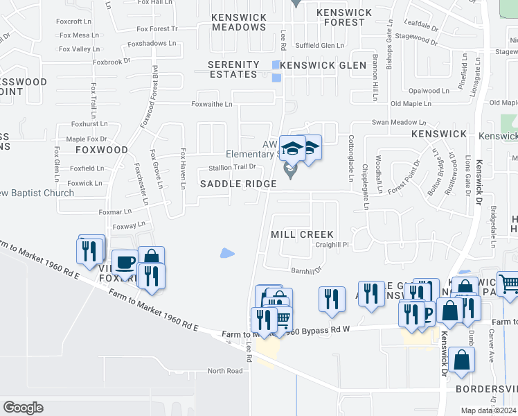 map of restaurants, bars, coffee shops, grocery stores, and more near 20030 Appaloosa Ridge Drive in Humble