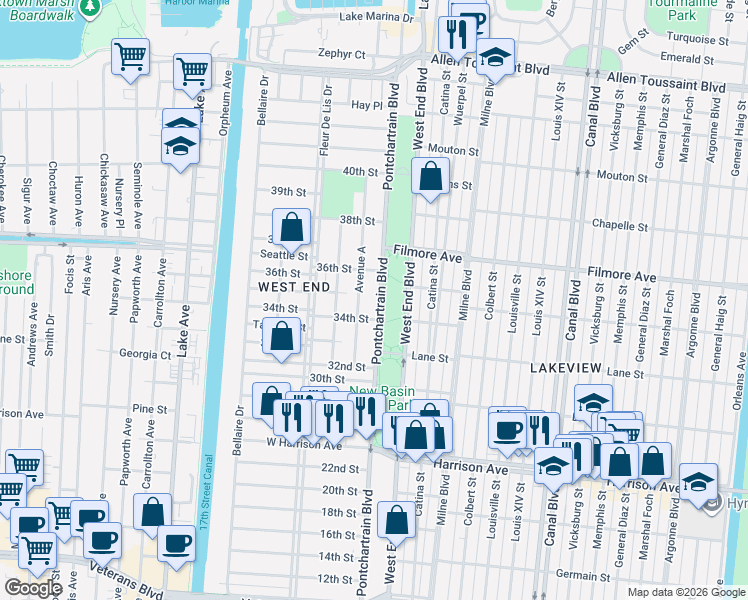 map of restaurants, bars, coffee shops, grocery stores, and more near in New Orleans