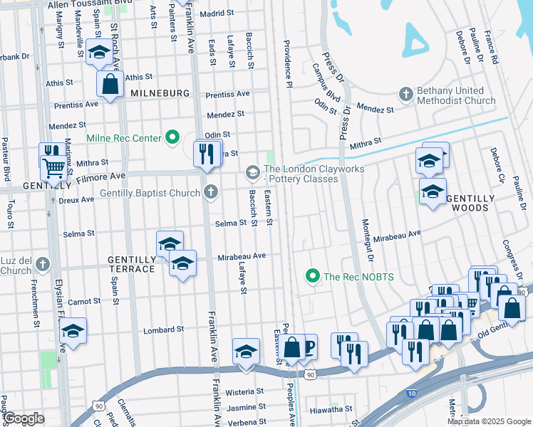map of restaurants, bars, coffee shops, grocery stores, and more near 4969 Eastern Street in New Orleans