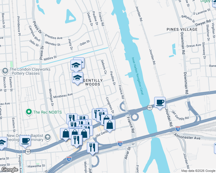 map of restaurants, bars, coffee shops, grocery stores, and more near 4725 Congress Drive in New Orleans