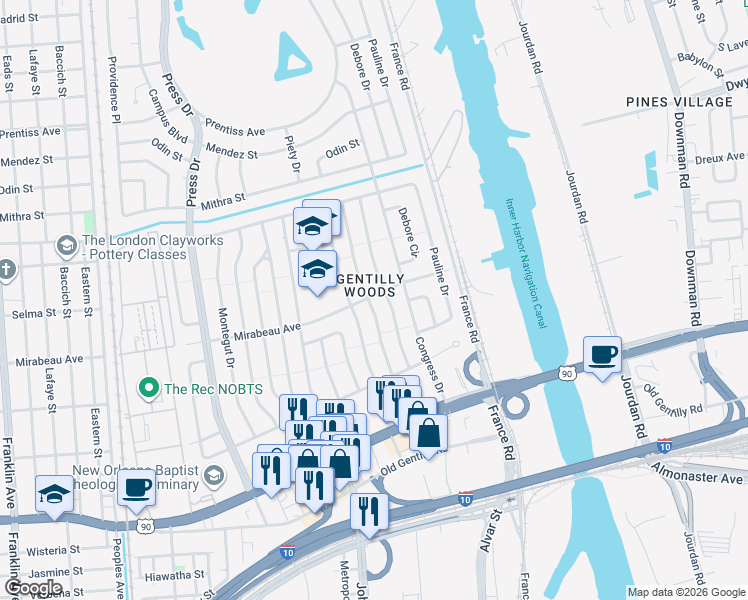 map of restaurants, bars, coffee shops, grocery stores, and more near 4827 Desire Drive in New Orleans