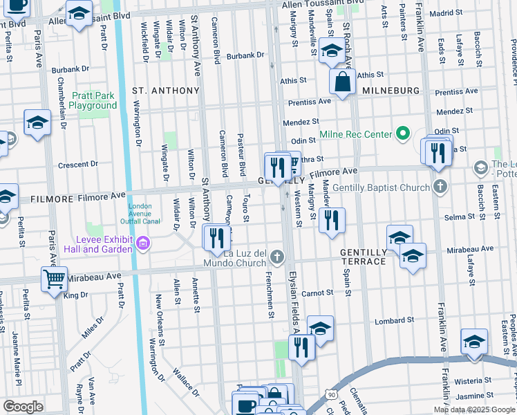 map of restaurants, bars, coffee shops, grocery stores, and more near 2143 Selma Street in New Orleans