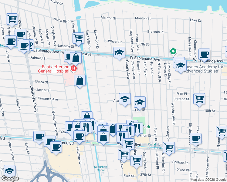 map of restaurants, bars, coffee shops, grocery stores, and more near 3908 Richland Avenue in Metairie