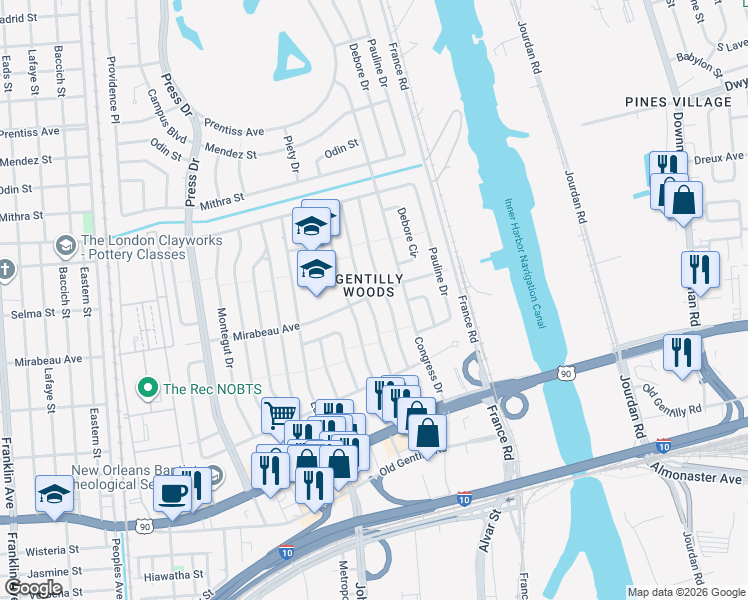 map of restaurants, bars, coffee shops, grocery stores, and more near 4827 Desire Drive in New Orleans
