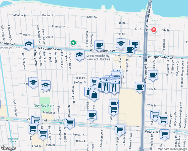 map of restaurants, bars, coffee shops, grocery stores, and more near 4000 Hessmer Avenue in Metairie