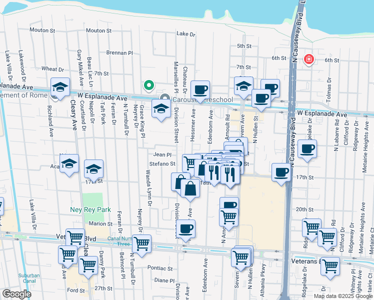 map of restaurants, bars, coffee shops, grocery stores, and more near 4000 Hessmer Avenue in Metairie