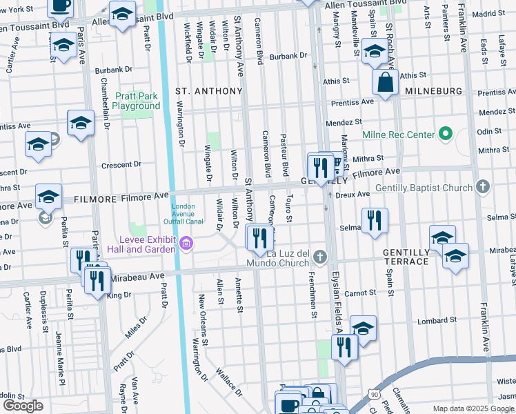 map of restaurants, bars, coffee shops, grocery stores, and more near 5121 Saint Anthony Avenue in New Orleans