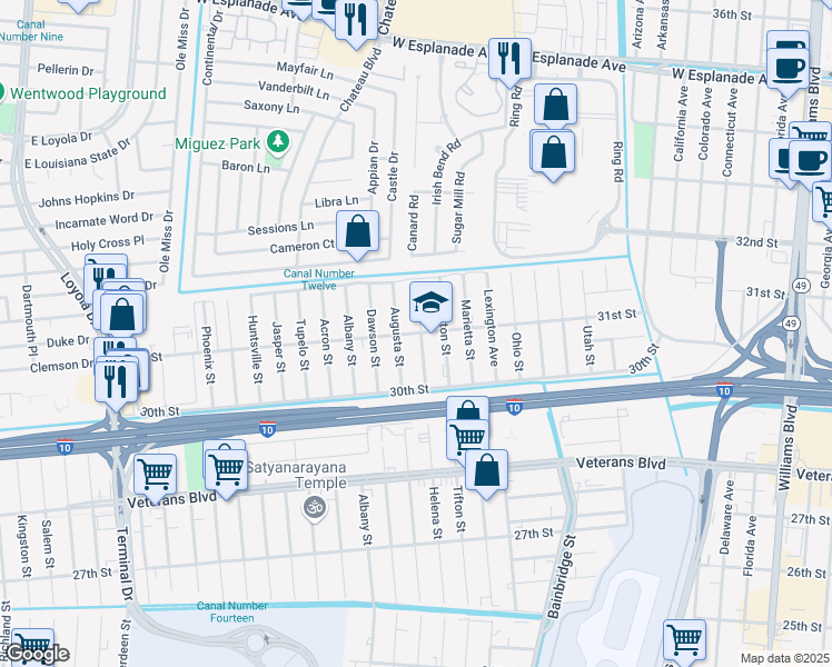 map of restaurants, bars, coffee shops, grocery stores, and more near 1037 31st Street in Kenner