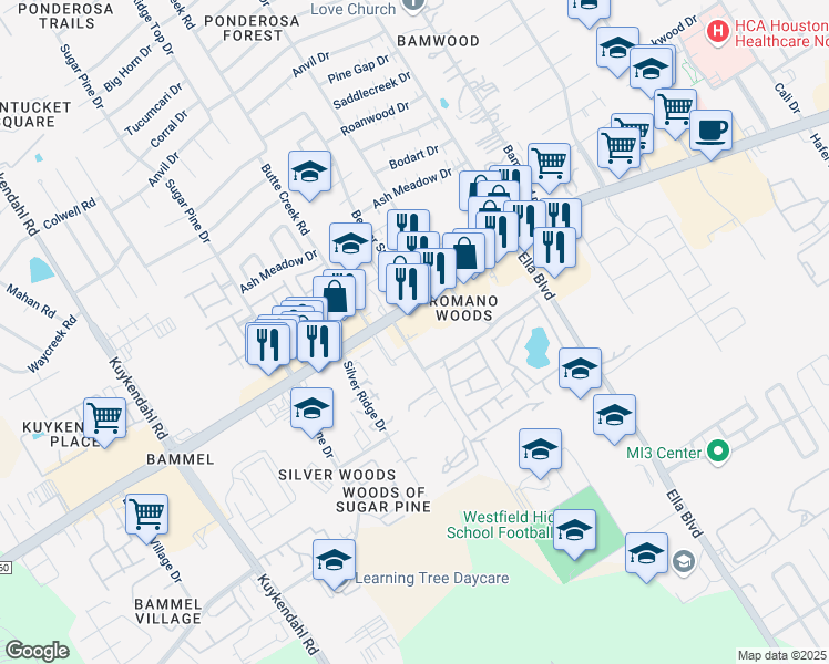 map of restaurants, bars, coffee shops, grocery stores, and more near 1700 Romano Park Lane in Houston