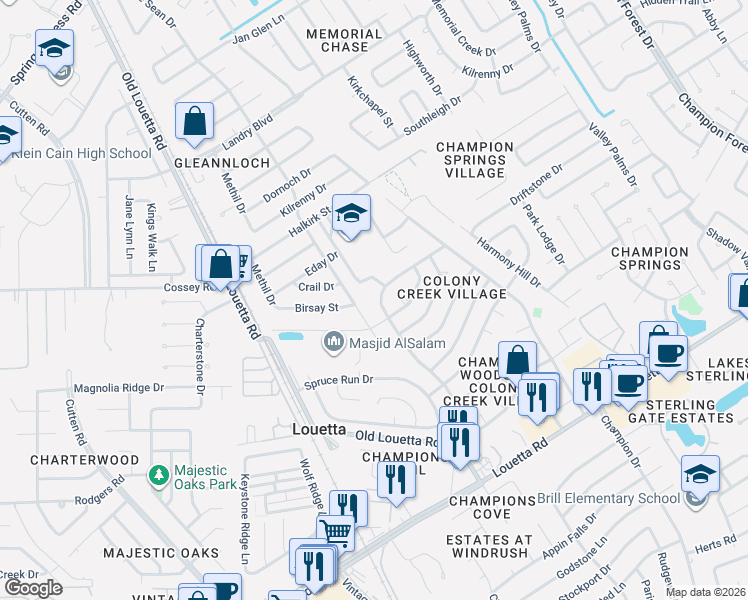 map of restaurants, bars, coffee shops, grocery stores, and more near 9602 Champion Drive in Spring