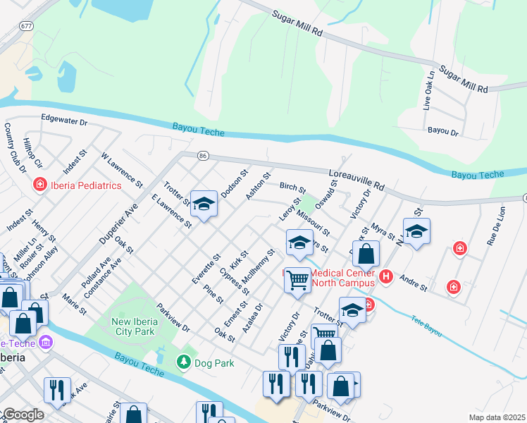 map of restaurants, bars, coffee shops, grocery stores, and more near 631 Everette Street in New Iberia
